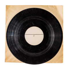 vintage old scratched music record in old package, vinyl record with pure label isolated on white...