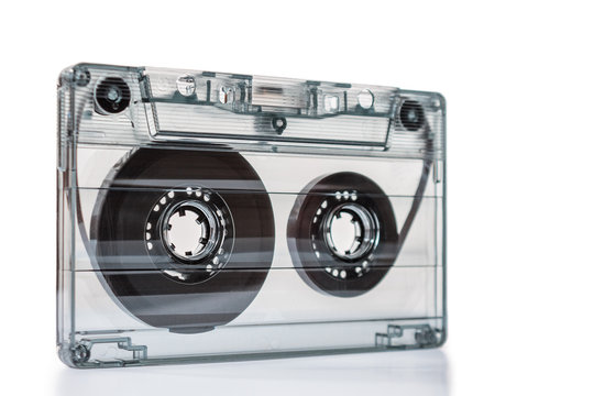 vintage old music cassette with film, with clean label isolated on white background, copy space, mocap
