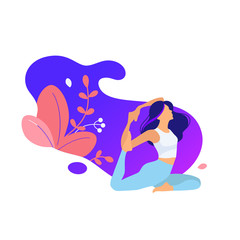 Woman activities. Flat modern sport illustration young doing yoga, doing yoga, pose, asana,  fitness exercises. Healthy and wellness lifestyle. Young girl. Design good for web - Vector