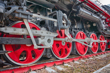 wheels of an ancient locomotive close-up, retro vehicle