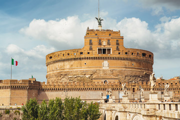 Castle Sant'Angelo and bridge Sant'Angelo with statues in Rome, Italy.