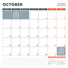 Calendar planner for 2020. Stationery design template. Week starts on Monday. Vector illustration