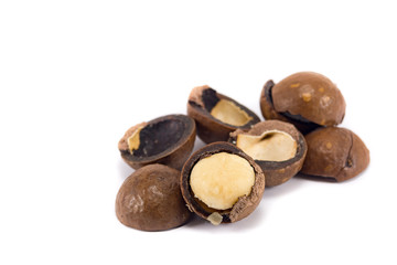 macadamia nuts close-up, macro, isolated on white background