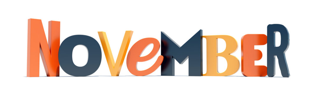 Colorful november text word on white banner calendar background in fall colors