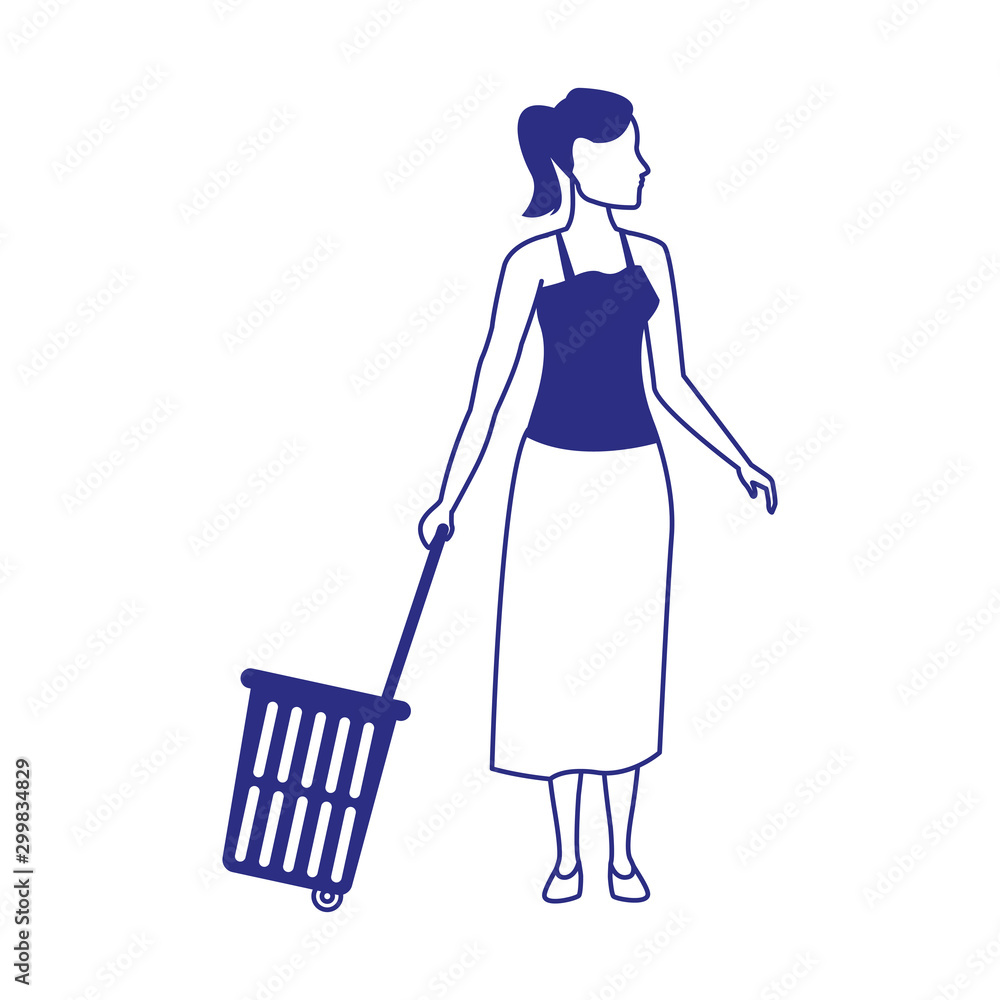 Wall mural avatar woman with rolling shopping basket, flat design