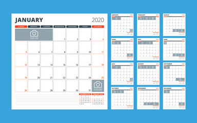 Calendar planner for 2020. Stationery design template. Week starts on Sunday. Set of 12 pages. Vector illustration