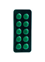 green medicine pills blister isolated on a white background.