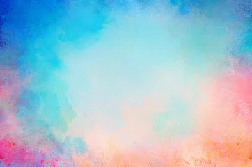 Gardinen blue watercolor paint background design with colorful orange pink borders and bright center, watercolor bleed and fringe with vibrant distressed grunge texture © Abbies Art Shop