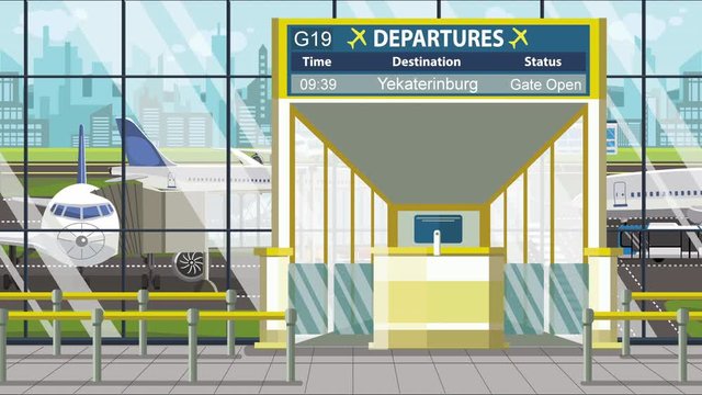 Flight to Yekaterinburg on airport departure board. Trip to Russia loopable cartoon animation