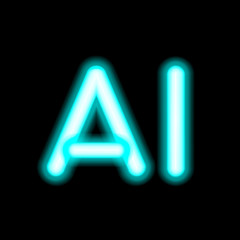 AI Letter Artificial Intelligence . Neon lamp inscription, high-tech information computer technology. Glowing isolated on black background. Fluorescent vector, luminescent illumination, illustration