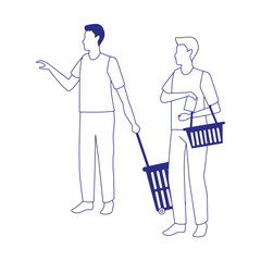 avatar men with supermarket baskets, flat design