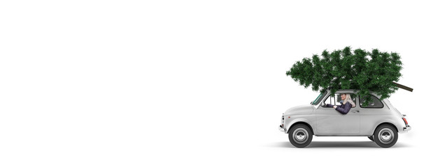 Kleines Auto mit Weihnachtsbaum auf dem Dach und einer Frau am Steuer