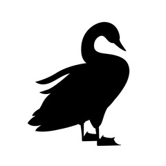 Black silhouette swan largest flying bird stand on ground cartoon animal design flat vector illustration isolated on white background