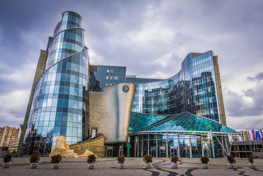 Warsaw, Poland - February 21, 2016: Office building of Polish Television - only public TV broadcaster in Poland