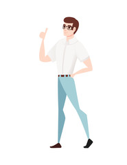 Young guy with glasses wearing casual clothes and gesturing cartoon character design flat vector illustration isolated on white background