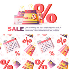 Table calendar with SALES date shopping bags and percentage symbol sale day tag flat vector illustration on white background horizontal banner flyer design