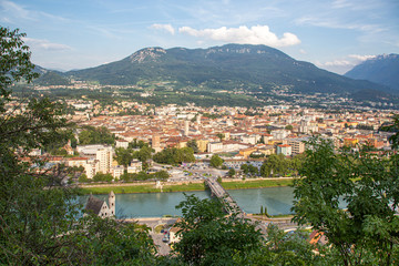 Fototapeta na wymiar Trento (Italy) - Cityscape of the historic centre and river Adige from the top of Doss Trento overlooking the city