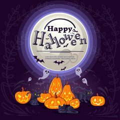 Happy Halloween pumpkins with black cats cartoon animal design scary pumpkin faces flat vector illustration on dark background with cute ghosts and white moon vertical banner