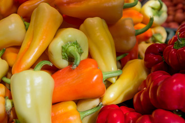 Freshly picked Pepperoni, in different colors at a market stall.