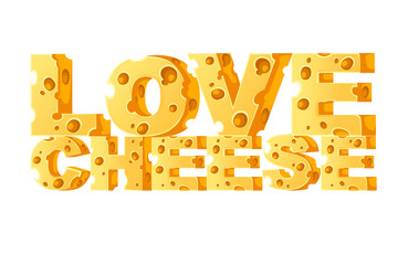 Concept LOVE CHEESE word food style letters flat vector illustration on white background