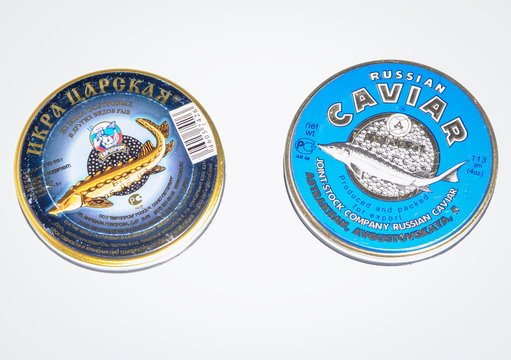 Warsaw, Poland - July 5, 2011: Tins Of Russian Beluga Caviar Confiscated By Polish Customs Service Due To Convention On International Trade In Endangered Species (CITES)