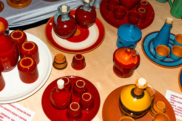 Traditional ceramic clay pots and cups at local bazaar in Heraklion, Crete, Greece.