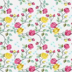 Seamless pattern with red and yellow roses for fabric textile wallpaper.