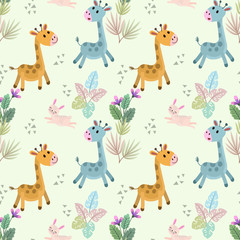 Cute gartoon giraffe and  rabbit seamless pattern.