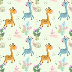 Obraz premium Cute gartoon giraffe and rabbit seamless pattern.