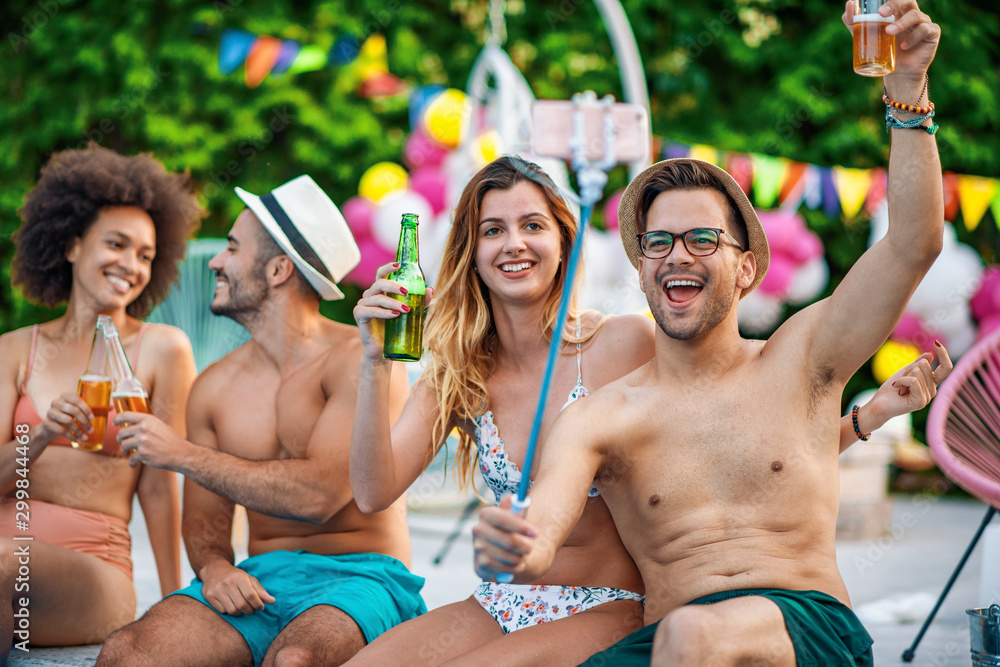 Sticker group of happy friends making a pool party