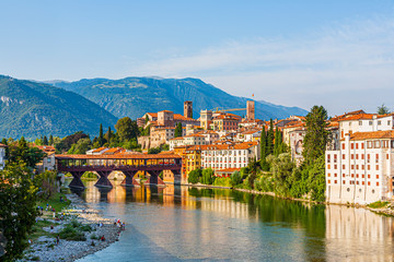 the old wooden bridge spans the river brenta at the romantic village Basano del Grappa, Italy