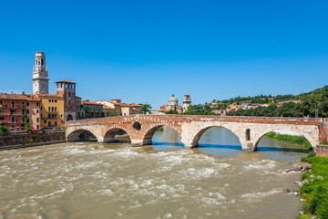 Fototapeta premium the old roman bridge in Verona spans the river Etsch