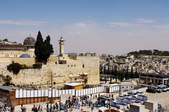 JERUSALEM, ISRAEL. May 08, 2018. View of the Western Wall, Orthodox religious Jews and tourists.