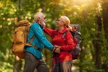 Senior couple walking together in a forest