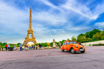 view of Eiffel Tower from Jardins du Trocadero in Paris, France. Eiffel Tower is one of the most iconic landmarks of Paris