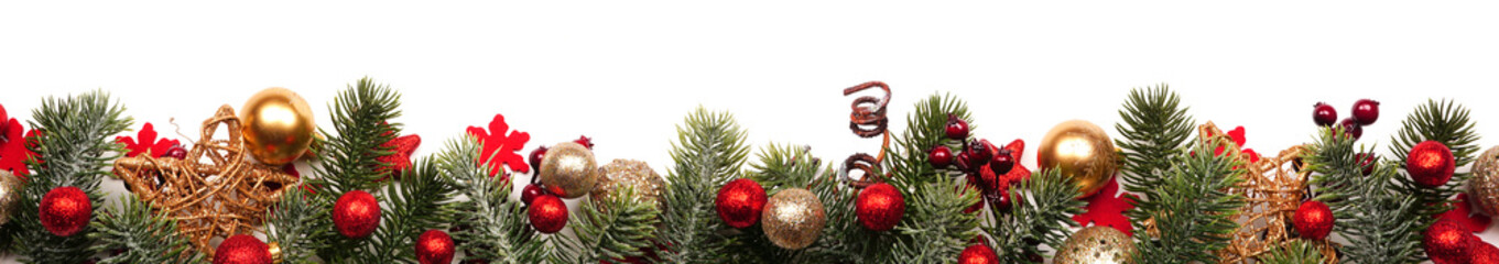 Long Christmas border banner of red and gold ornaments and branches isolated on a white background - Powered by Adobe