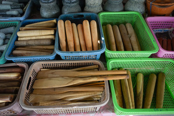 Assortment of wooden kitchen utensils.