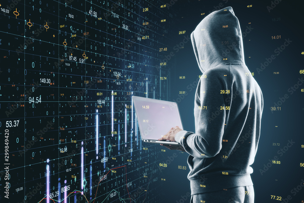 Poster hacker with big data hologram