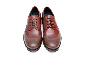 Pair of male purple leather shoes on white background, isolated product, top view.