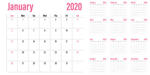 Calendar planner 2020 template vector illustration all 12 months week starts on Sunday and indicate weekends on Saturday and Sunday