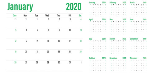 Calendar planner 2020 template vector illustration all 12 months week starts on Sunday and indicate weekends on Saturday and Sunday