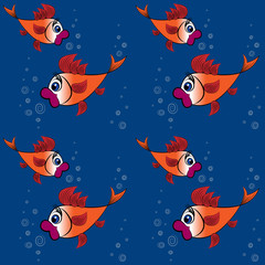 Children's illustration, design, pattern - a pair of surprised goldfish with big red lips and huge eyes on a background of blue water and bubbles