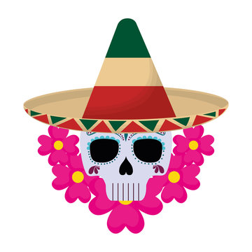 skull death with hat traditional mexican and flowers