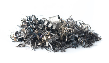Pile of scrap metal shavings isolated on white background - obrazy, fototapety, plakaty