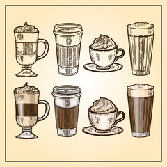 Vector hand drawn set of coffee.Latte, cappuccino, frappe and americano in cup for take away in the engraving vintage style isolated on white background.