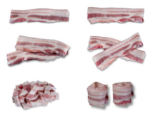 Collection of Slide pork belly raw or streaky pork on white background.