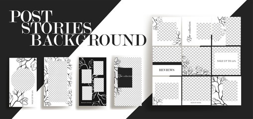  Design backgrounds for social media banner.Set of instagram stories and post frame templates.Vector cover. Mockup for personal blog or shop.Layout for promotion.Endless square puzzle.