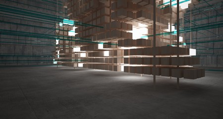 Abstract architectural wood and glass interior from an array of white cubes with neon lighting. 3D illustration and rendering.