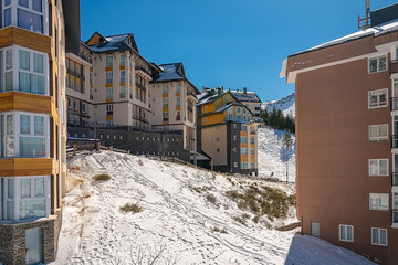 Buildings on a snowy landscape