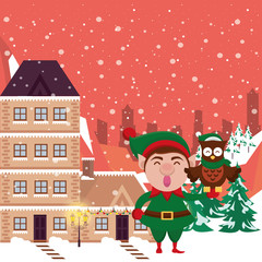 christmas snowscape scene with elf and owl